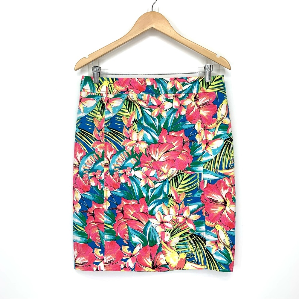 Loft Ann Taylor Colorful Floral Lightweight Denim Stretch Pencil Skirt Size 8